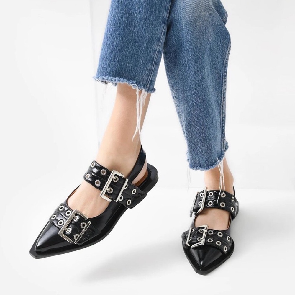GANNI Black Leather Pointed Toe Slingback Buckle Flats